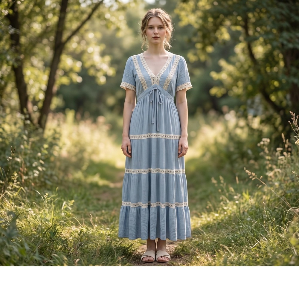 Baevely Blue Crochet Lace Trim Tiered Maxi Dress V-Neck Romantic Small